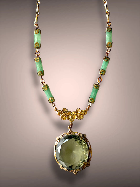 Gorgeous Antique Smokey Green Czech Art Glass Brass Floral Jade Gemstone Necklace
