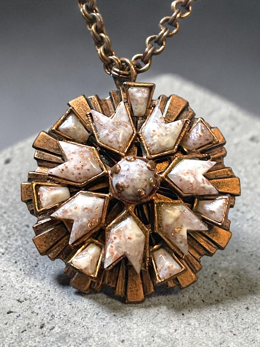 Modernist Arts & Crafts Copper Geometric Sunburst Pink Confetti Foil Art Glass Necklace