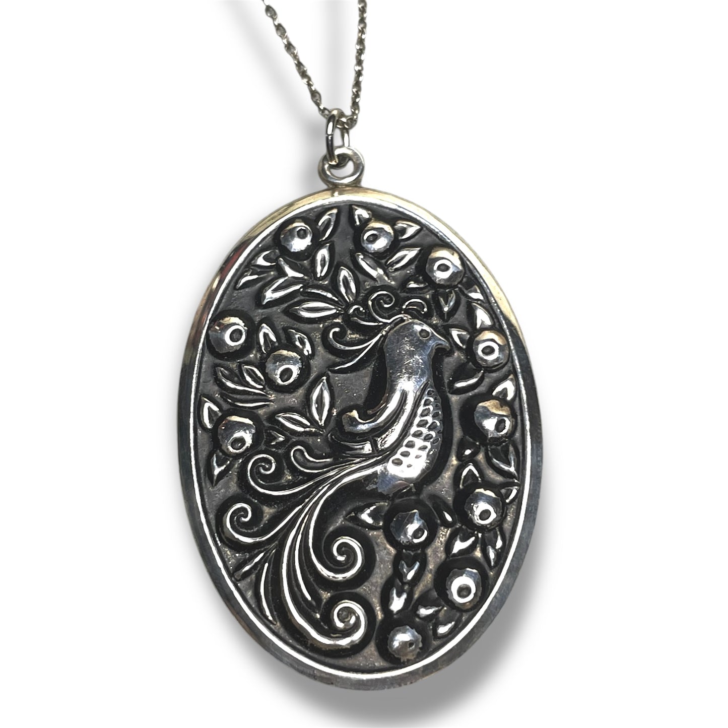 Sterling Silver Repoussé Oval Peacock Bird Necklace Pendant