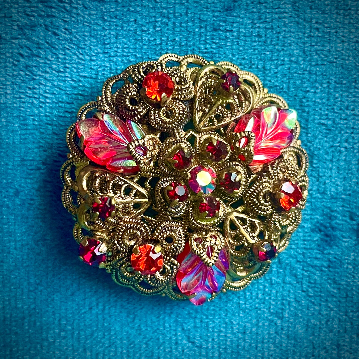 Red Carnival Art Glass Leaf & AB Crystal West German Brass Filigree Brooch