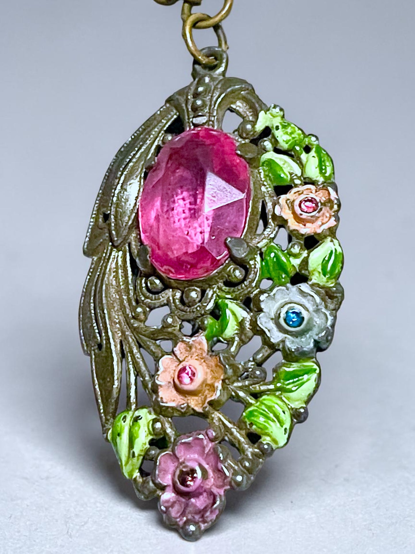 Art Nouveau Pink Paste Stone Pastel Floral Crystal Pendant Necklace