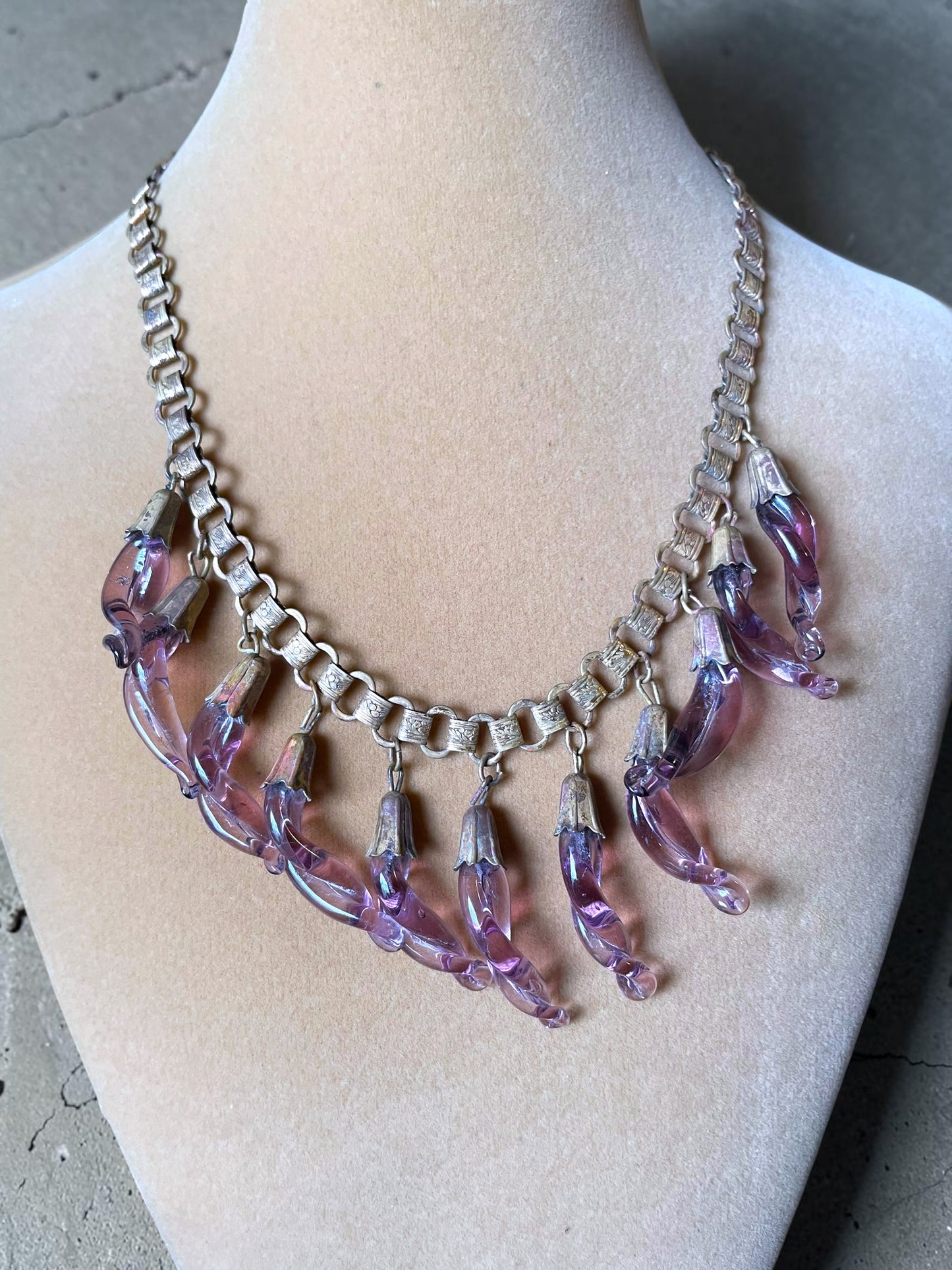Victorian Book-link Chain Purple Twisted Eggplant Czech Art Glass Festoon Bib Necklace