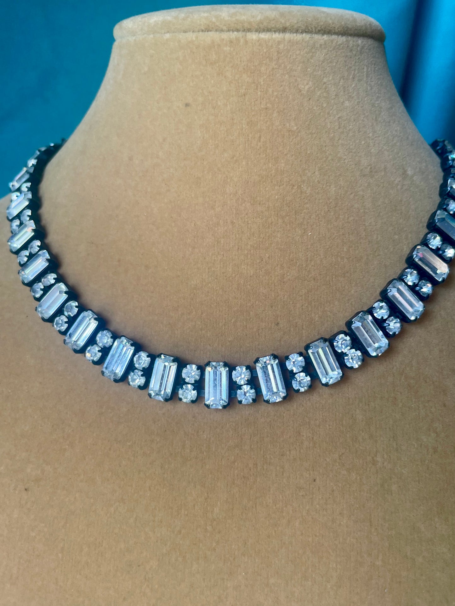 Prong Set Vintage Crystal Black Gunmetal Patina Bridal Choker Necklace