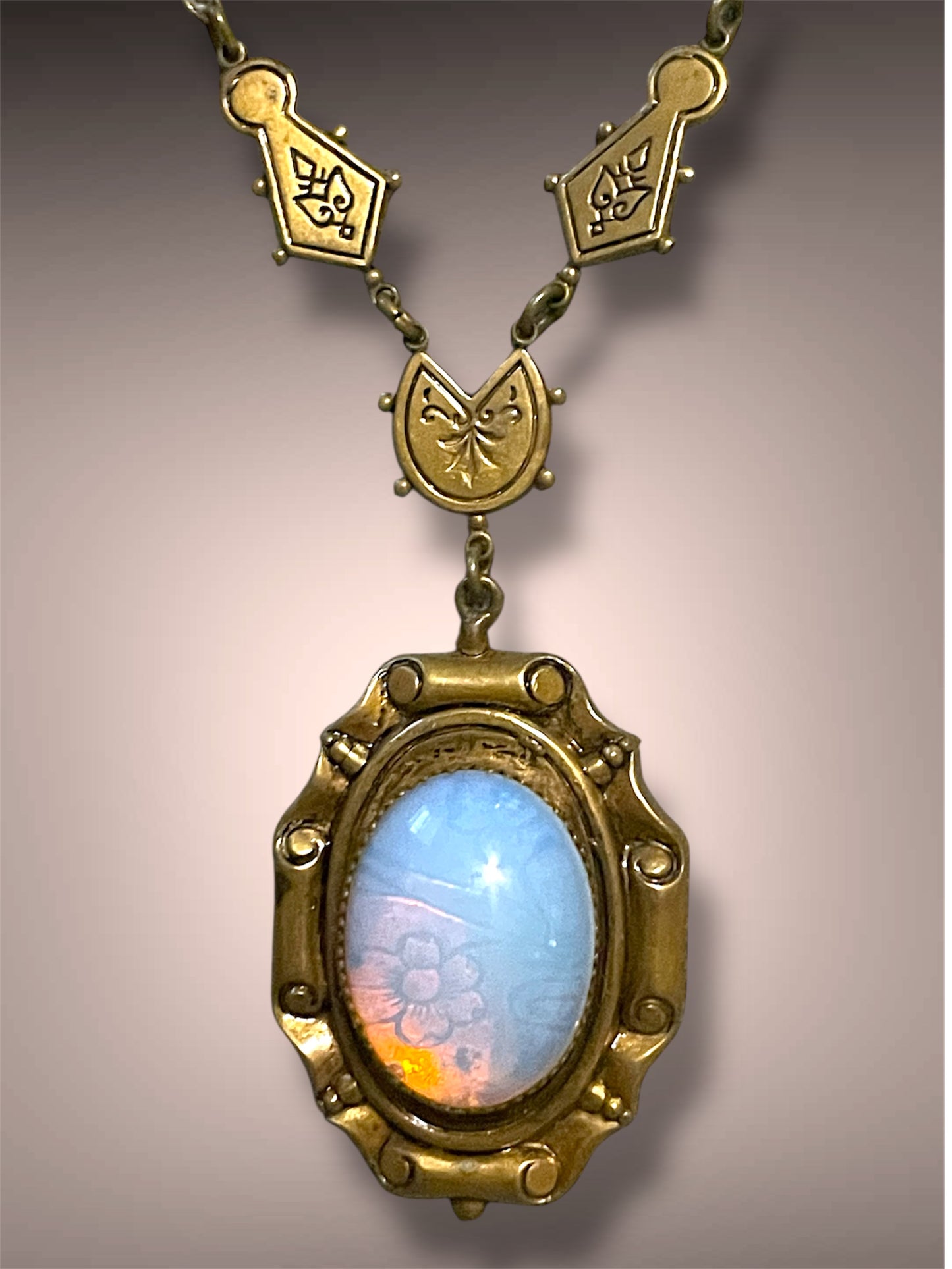 Victorian Opalite Floral Design See Through Gilt Brass Necklace