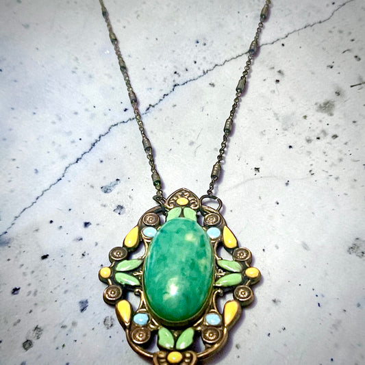 Czech Brass Green Peking Art Glass Yellow & Green Enamel Brooch Pendant Necklace