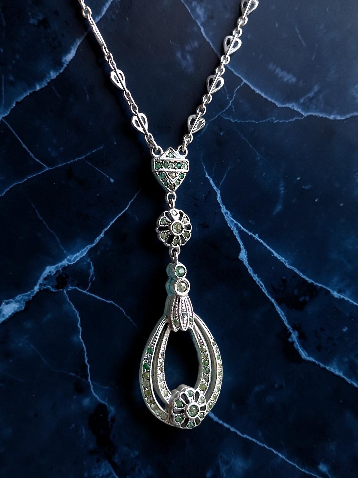Art Deco Sterling Silver Crystal Floral Drop Y Necklace
