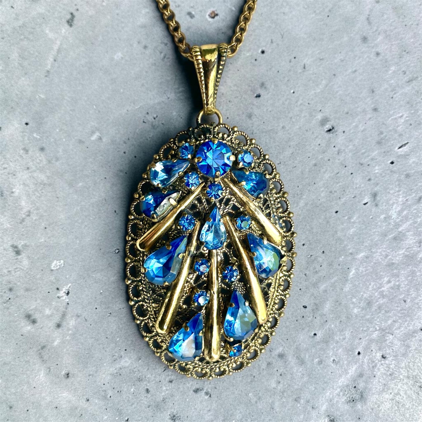 Antique Czech Brass Filigree Sapphire Prong Set Blue Crystal Pendant Necklace