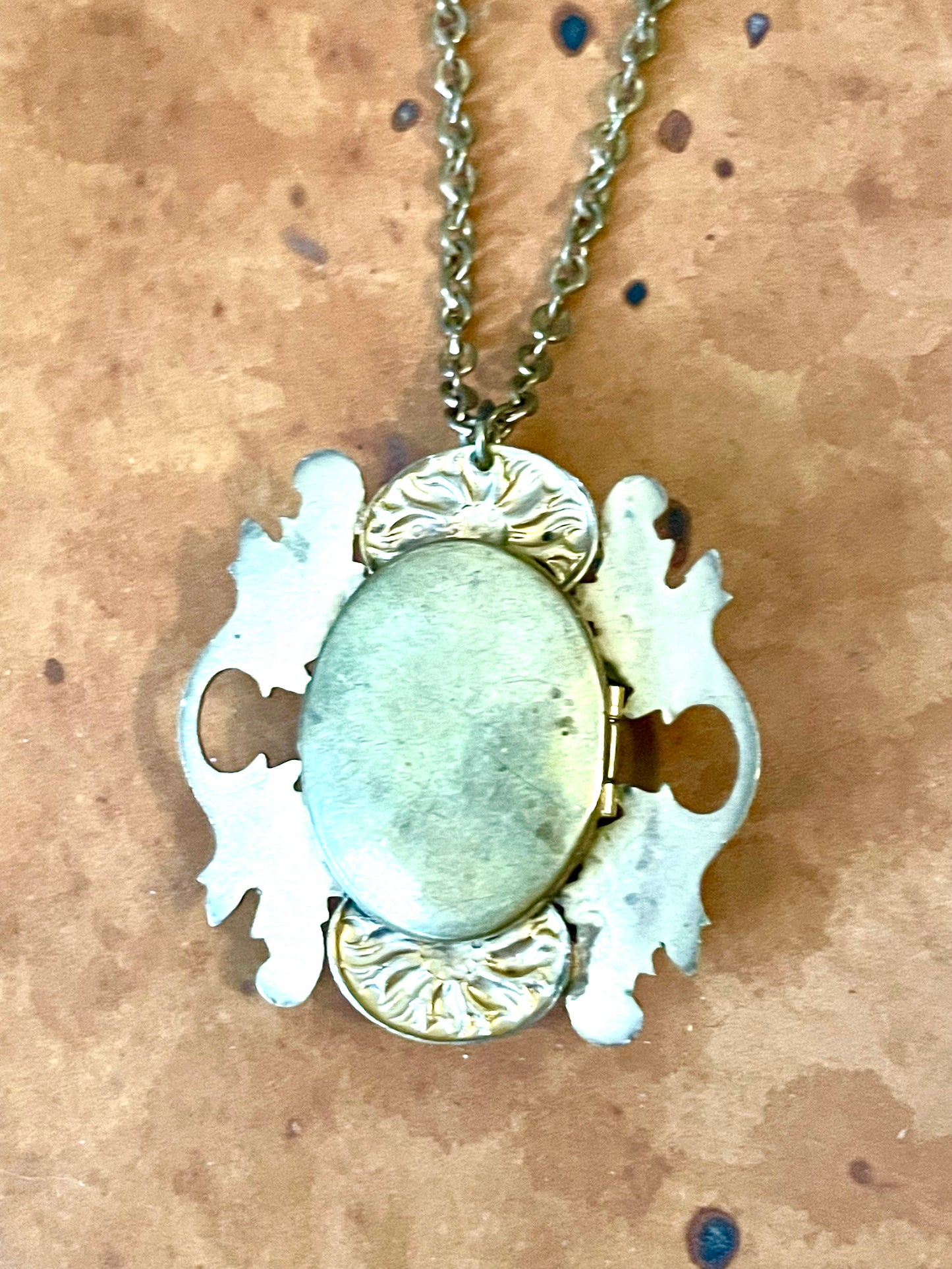 Art Nouveau Ornate Brass Blue & White Art Glass Cameo Locket Necklace