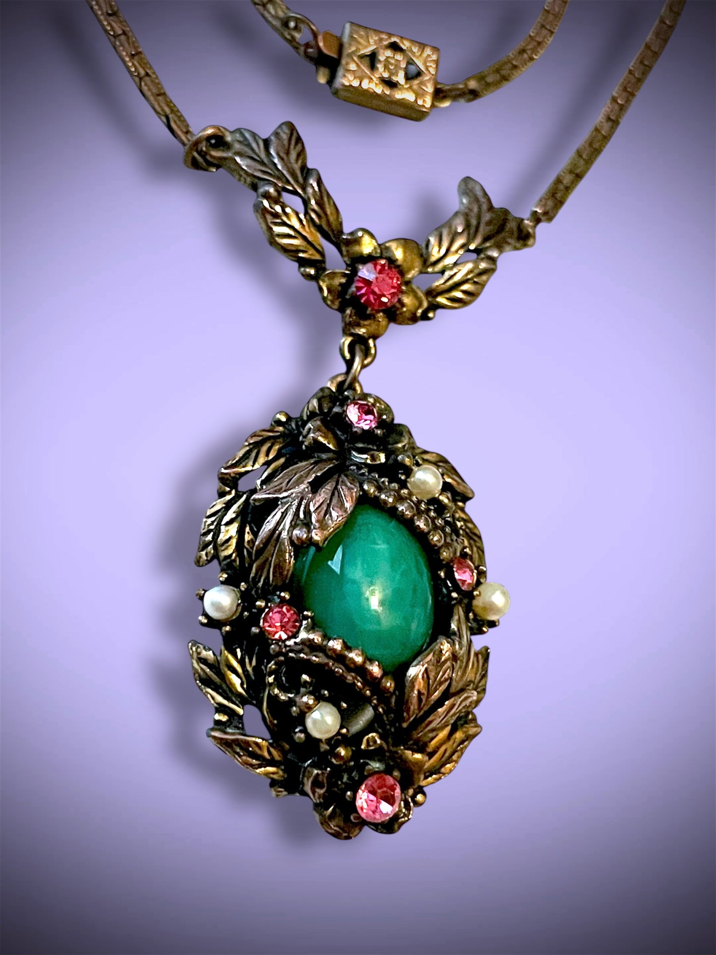Art Nouveau Brass Green Jade Peking Art Glass Pink Crystal & Pearl Pendant Necklace