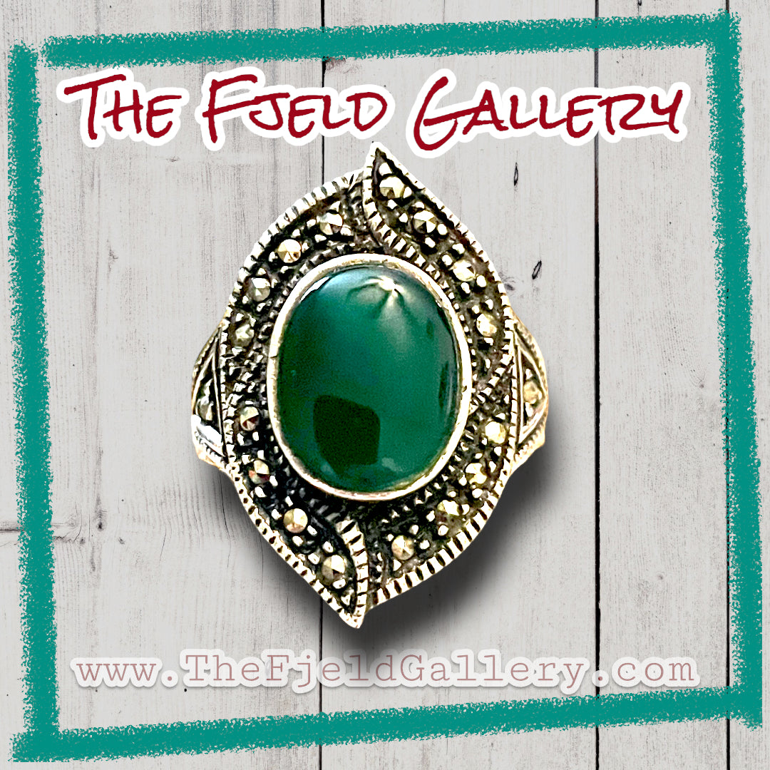 Green Chrysoprase Sterling Silver & Marcasite Art Deco Ring