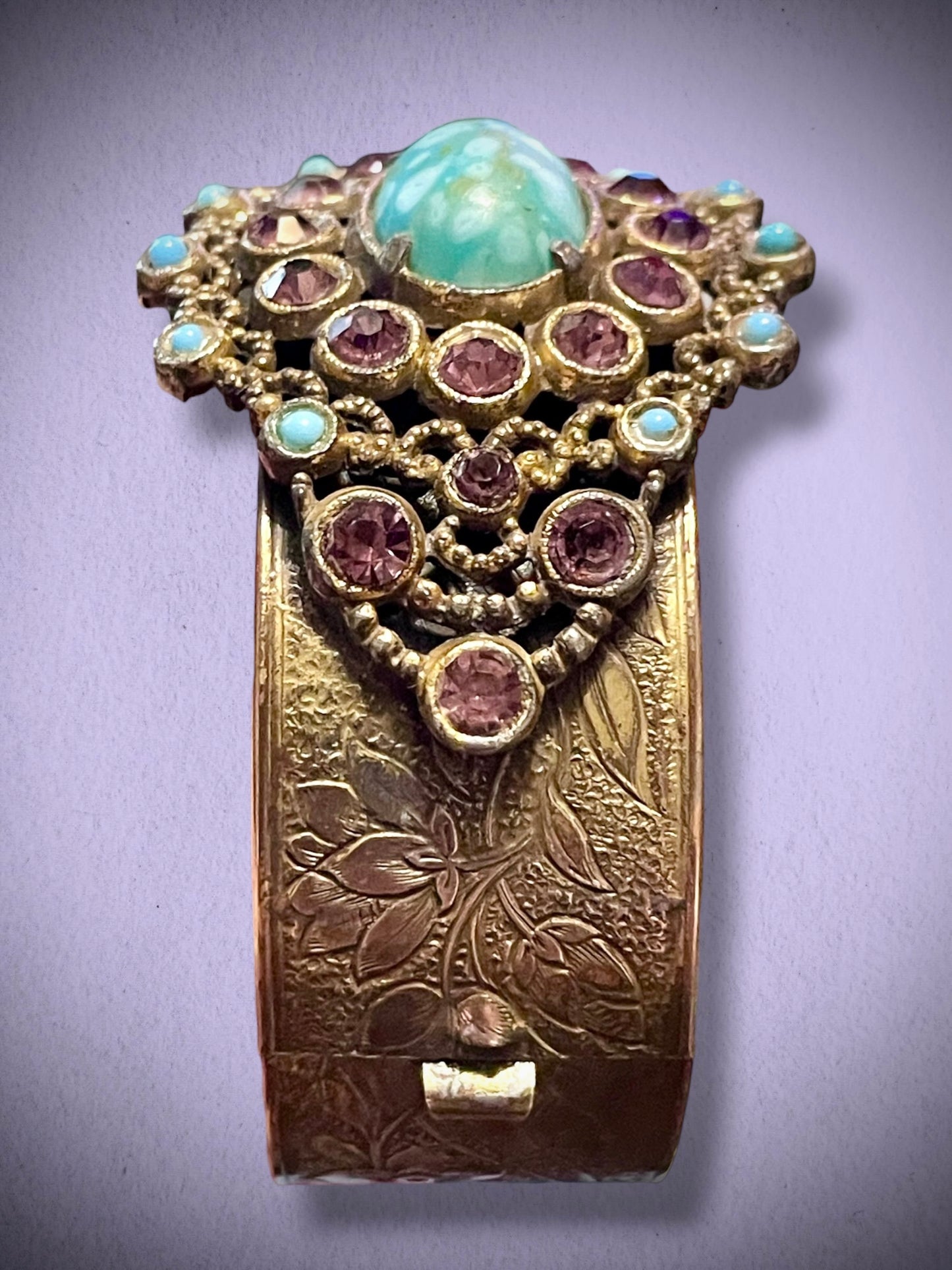 Czech Turquoise Hubble Art Glass & Purple Lilac Crystal Engraved Lilly Flower Brass Hinged Bangle Bracelet