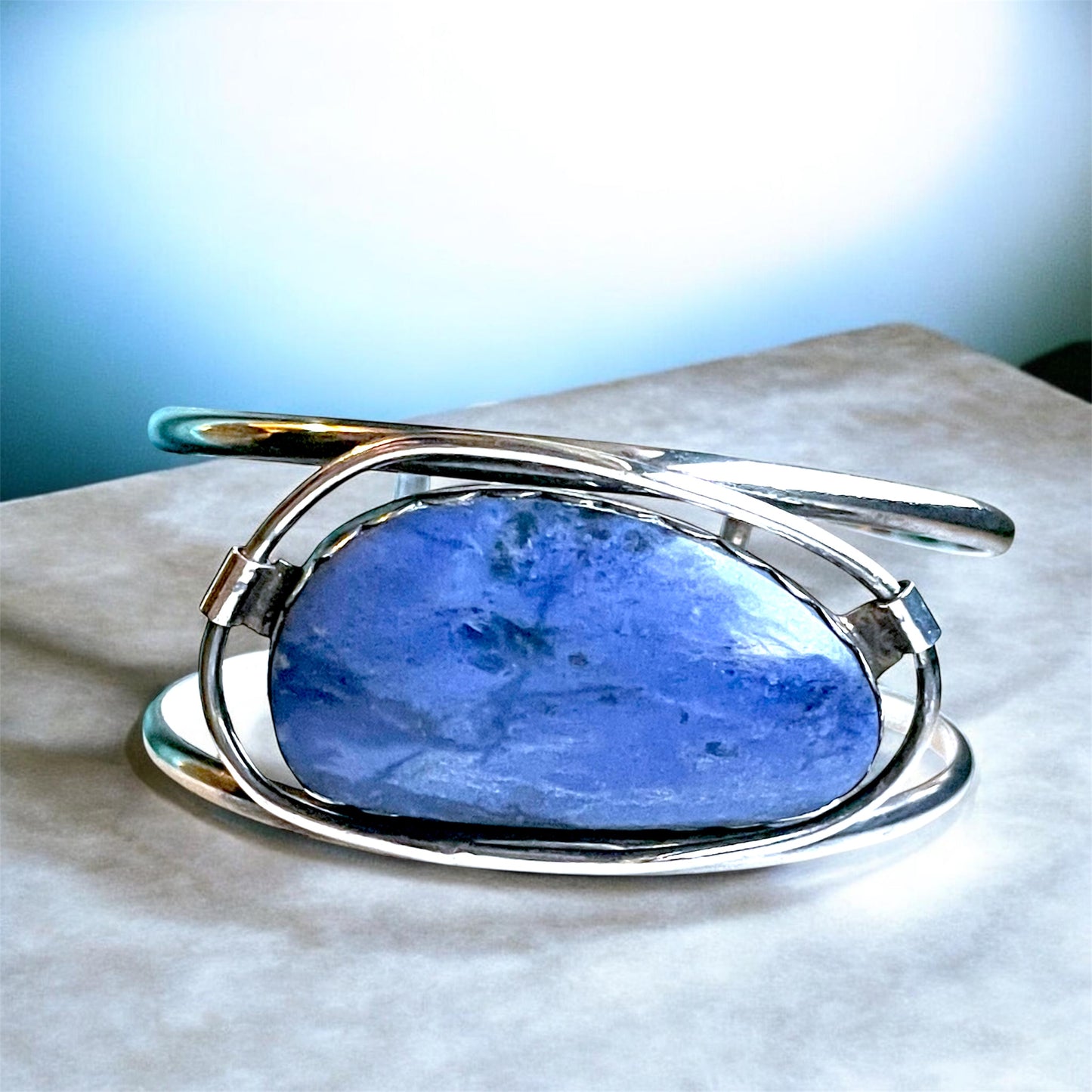 Antique Sterling Silver Sodalite Gemstone Free Bezel Set Chunky Cuff Bracelet