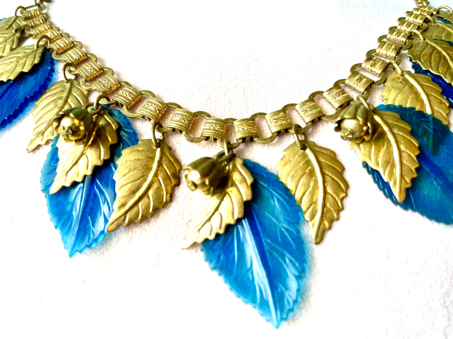 Miriam Haskell Embossed Brass & Turquoise Translucent Early Plastic Leaf & Bell Victorian Booklink Choker Necklace