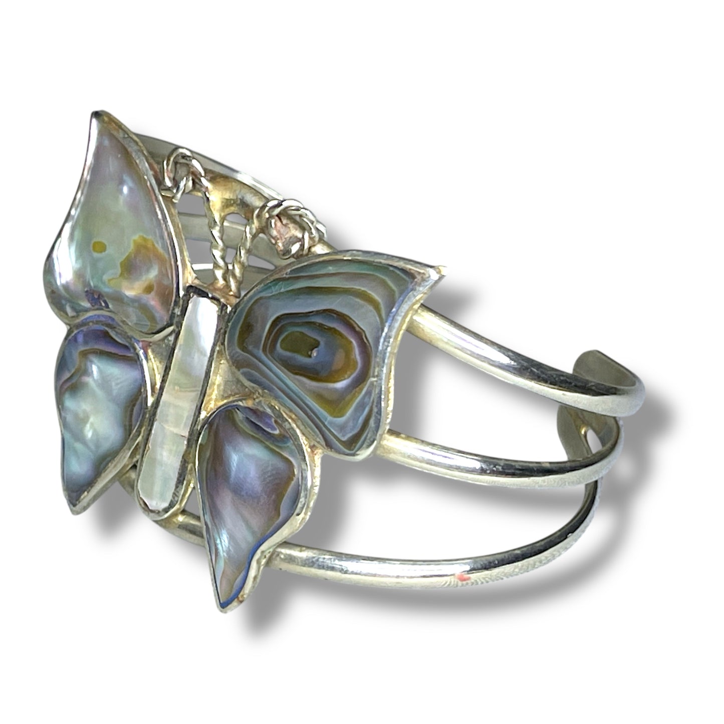 Vintage Sterling Silver Abalone Butterfly Cuff Bracelet