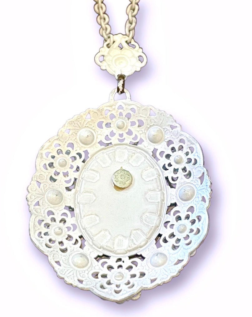 White Enamel West German Fruit Salad Pink & Green Crystal Floral Bouquet Porcelain Limoge Cameo Necklace