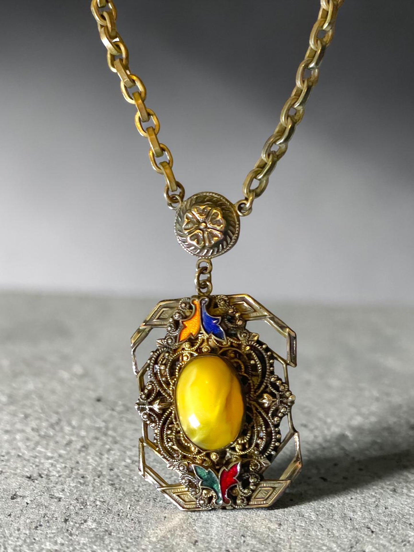 Art Nouveau Czech Brass Filigree Yellow Marbled Art Glass & Guilloché Necklace