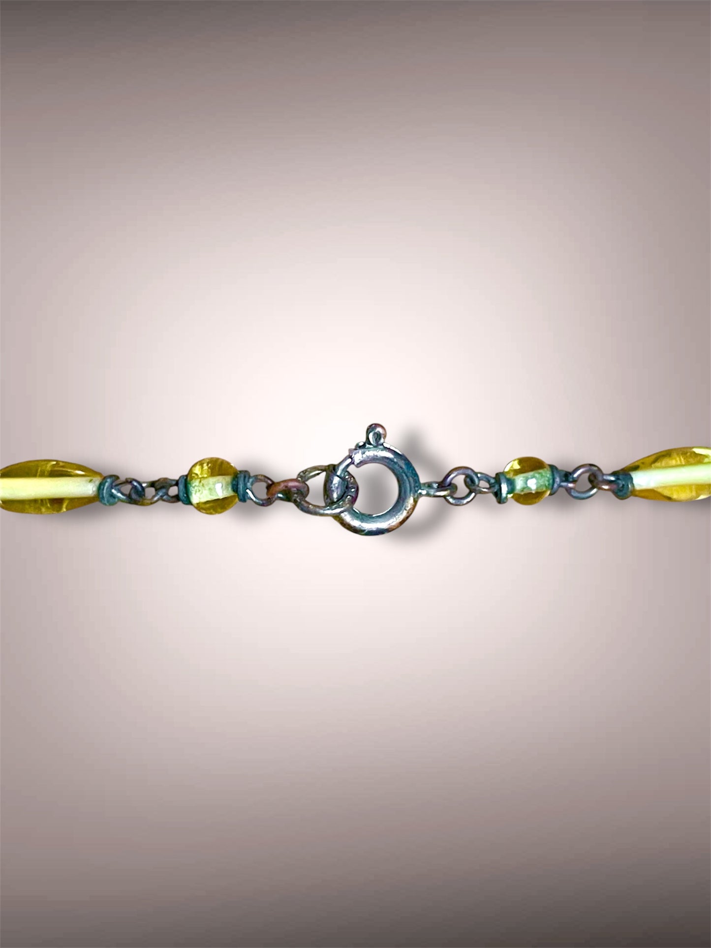 Art Nouveau Czech Cloisonné Yellow & Purple Flower, Leaves & Pink Crystal Yellow Glass Bead Y Drop Lavaliere Necklace