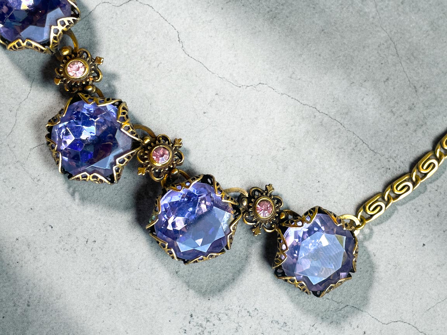 Art Nouveau Austrian Lilac Purple & Pink Crystal Gold Filled Brass Filigree Schiaparelli Necklace