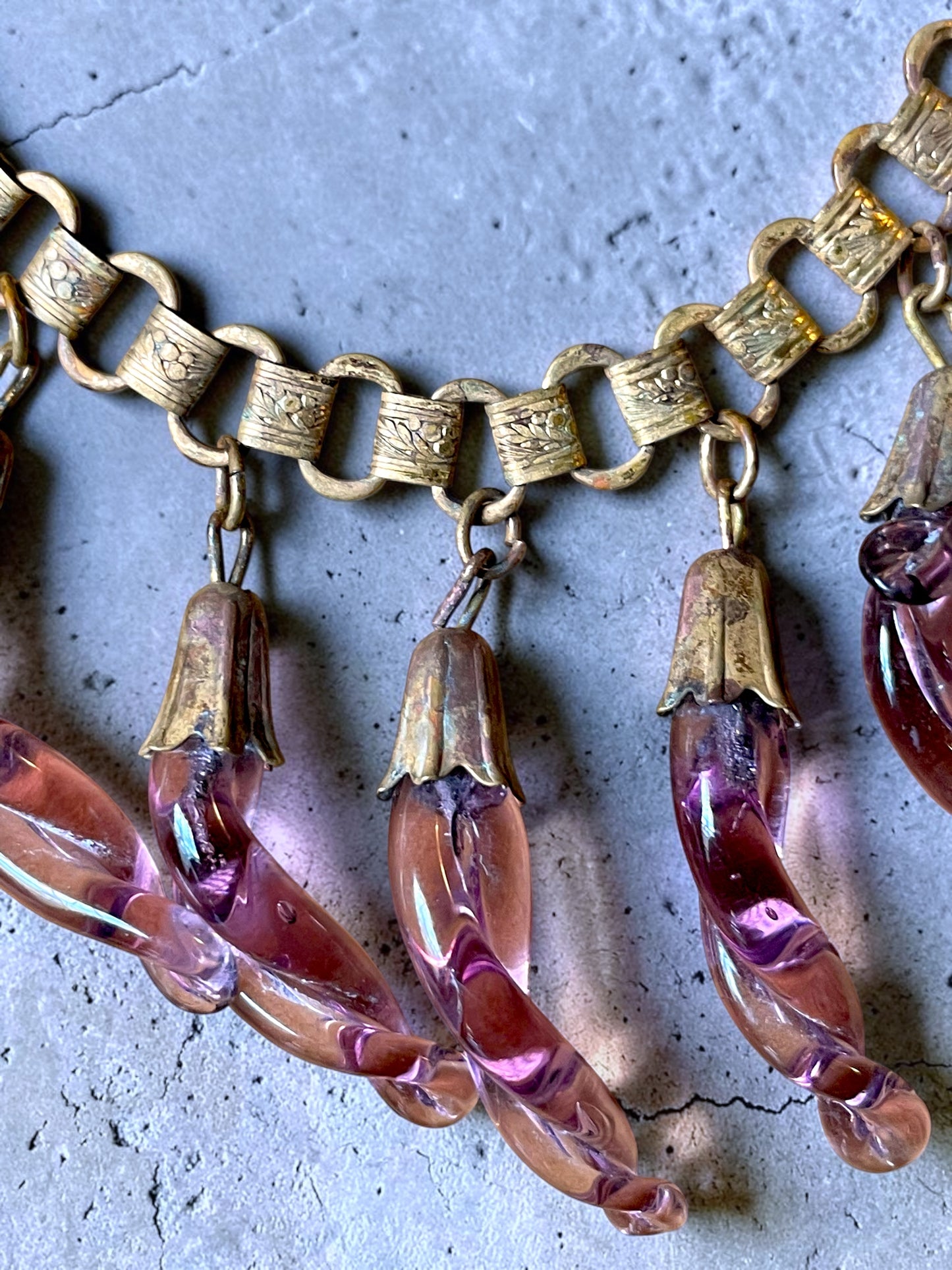 Victorian Book-link Chain Purple Twisted Eggplant Czech Art Glass Festoon Bib Necklace