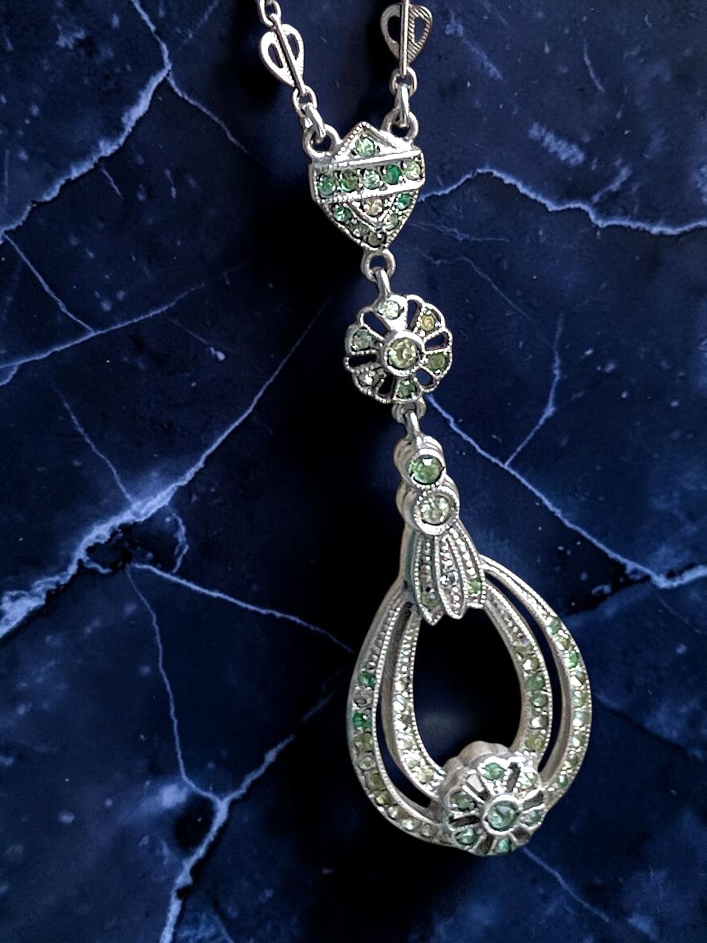 Art Deco Sterling Silver Crystal Floral Drop Y Necklace