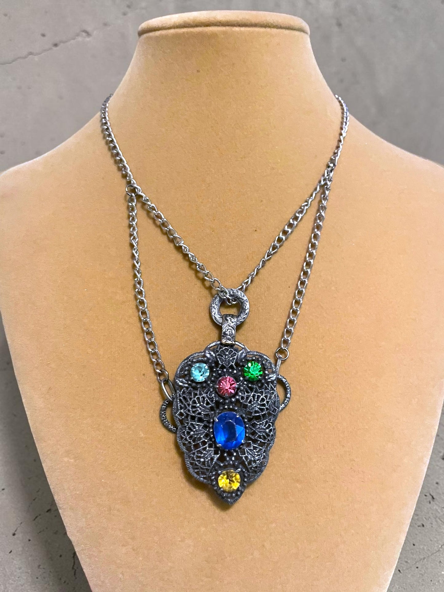 Czech Silver Filigree Fruit Salad Multi-color Leaded Past Stone Crystal Saphire, Emerald, Aquamarine, Ruby & Citrine Festoon Necklace