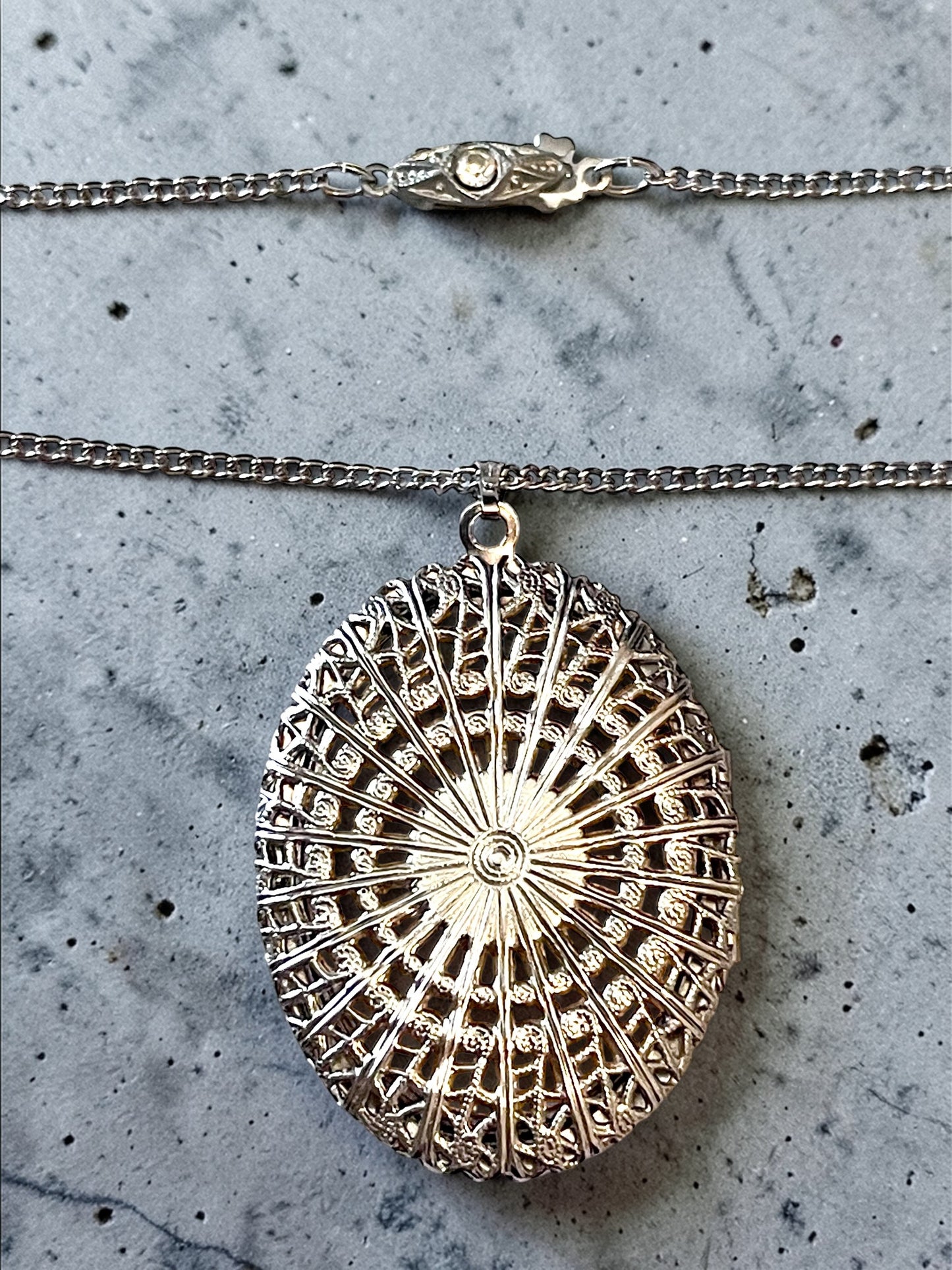 Porcelain Limogé Cameo Bezel Set in Silver Filigree Over Gold Locket Necklace