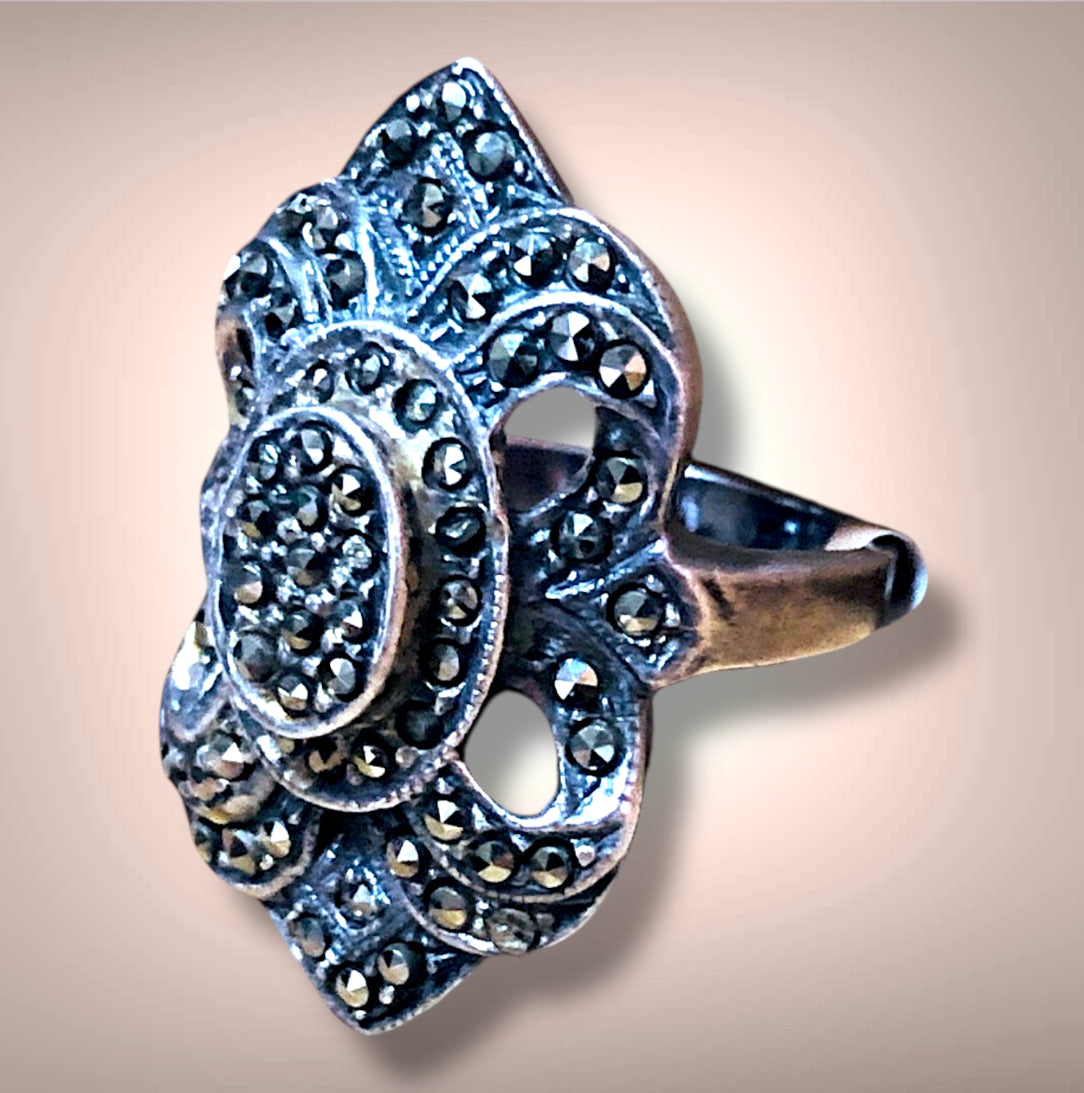 Art Deco Sterling Silver & Marcasite Opulent Flourish Ring