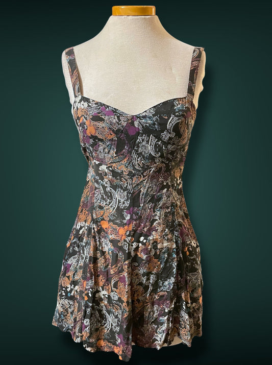 1990’s Black & White Paisley Print w Purple, Teal & Rust Bleach Splash Sundress