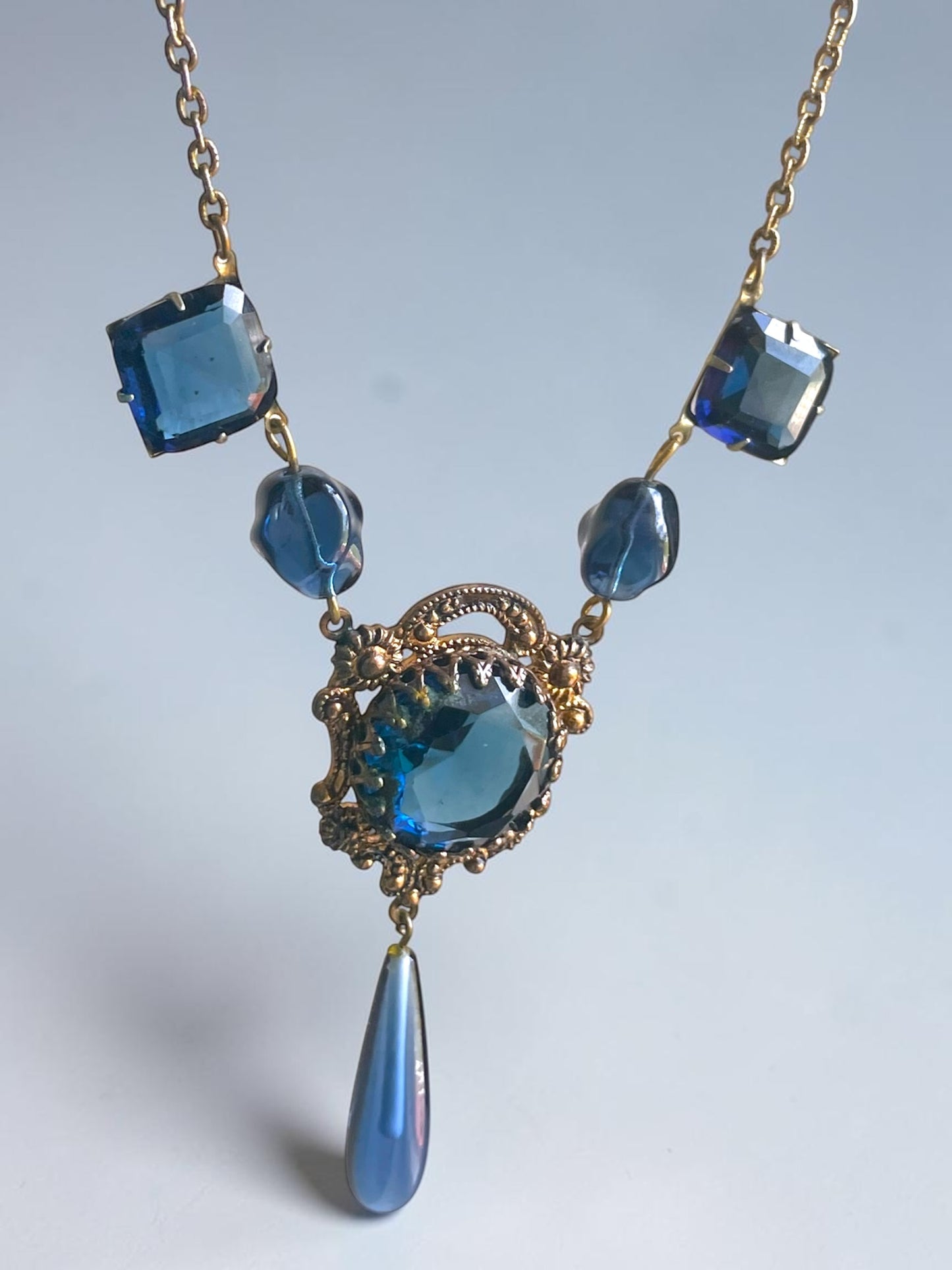 Art Nouveau Saphire Blue Czech Art Glass Brass Filigree Necklace