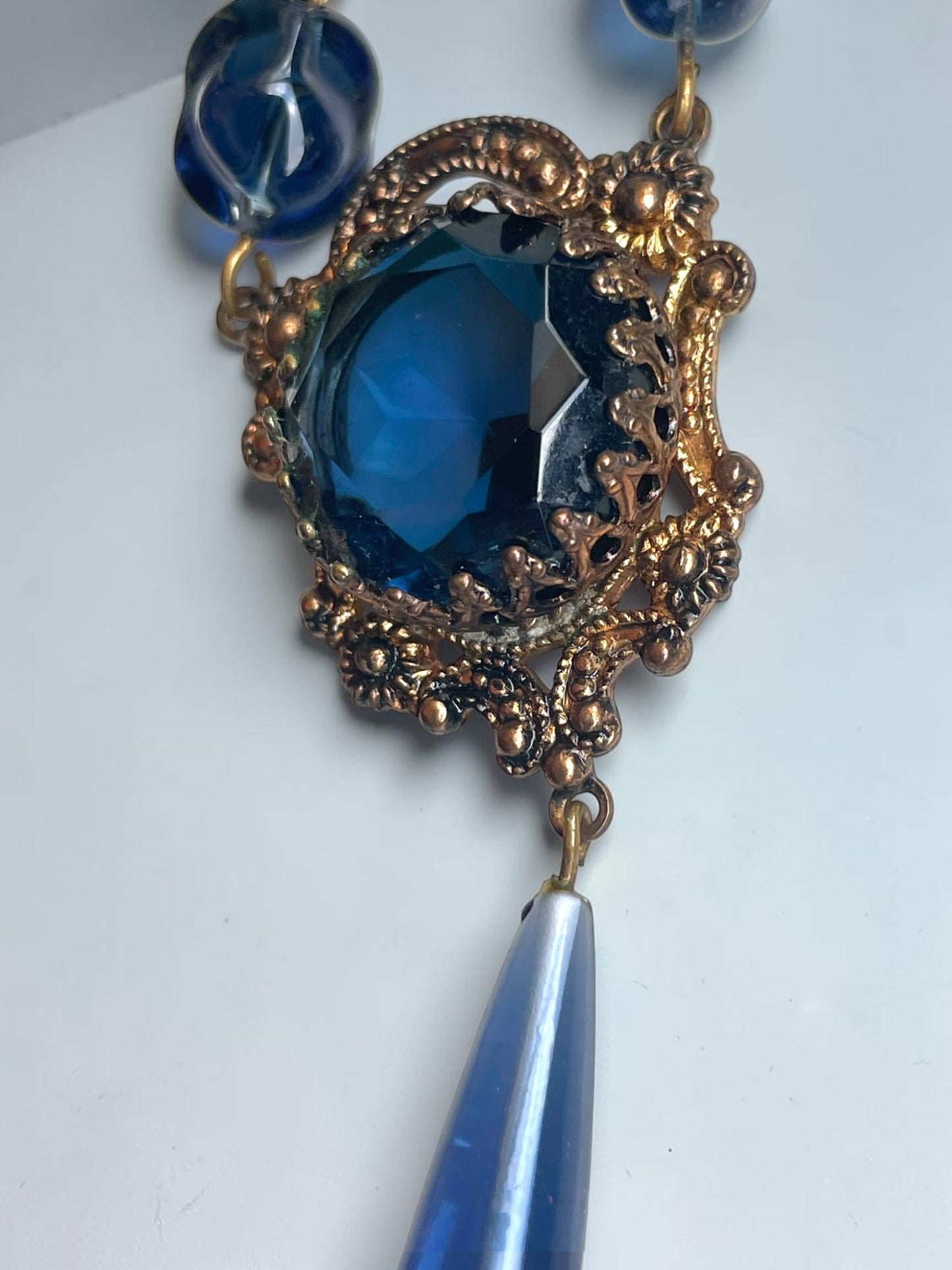 Art Nouveau Saphire Blue Czech Art Glass Brass Filigree Necklace