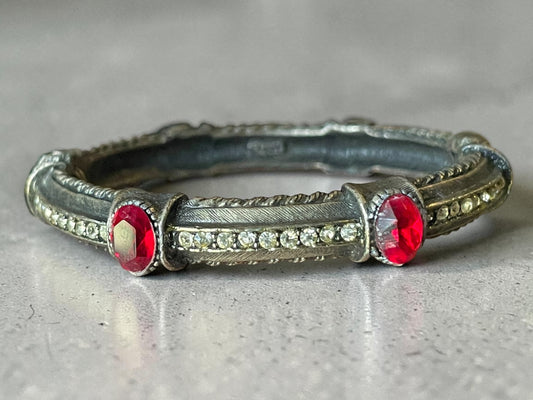 Vintage Art Deco Ruby Red Paste Stone & Crystal Silver Pewter Hinged ART Designer Bangle Bracelet