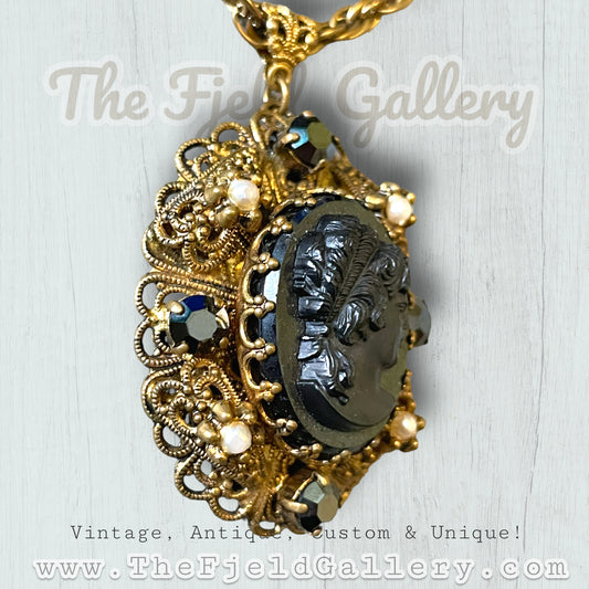 West German Black Hematite Glass Cameo with Pearls & Black Crystals Bezel Set in Gold Brass Filigree