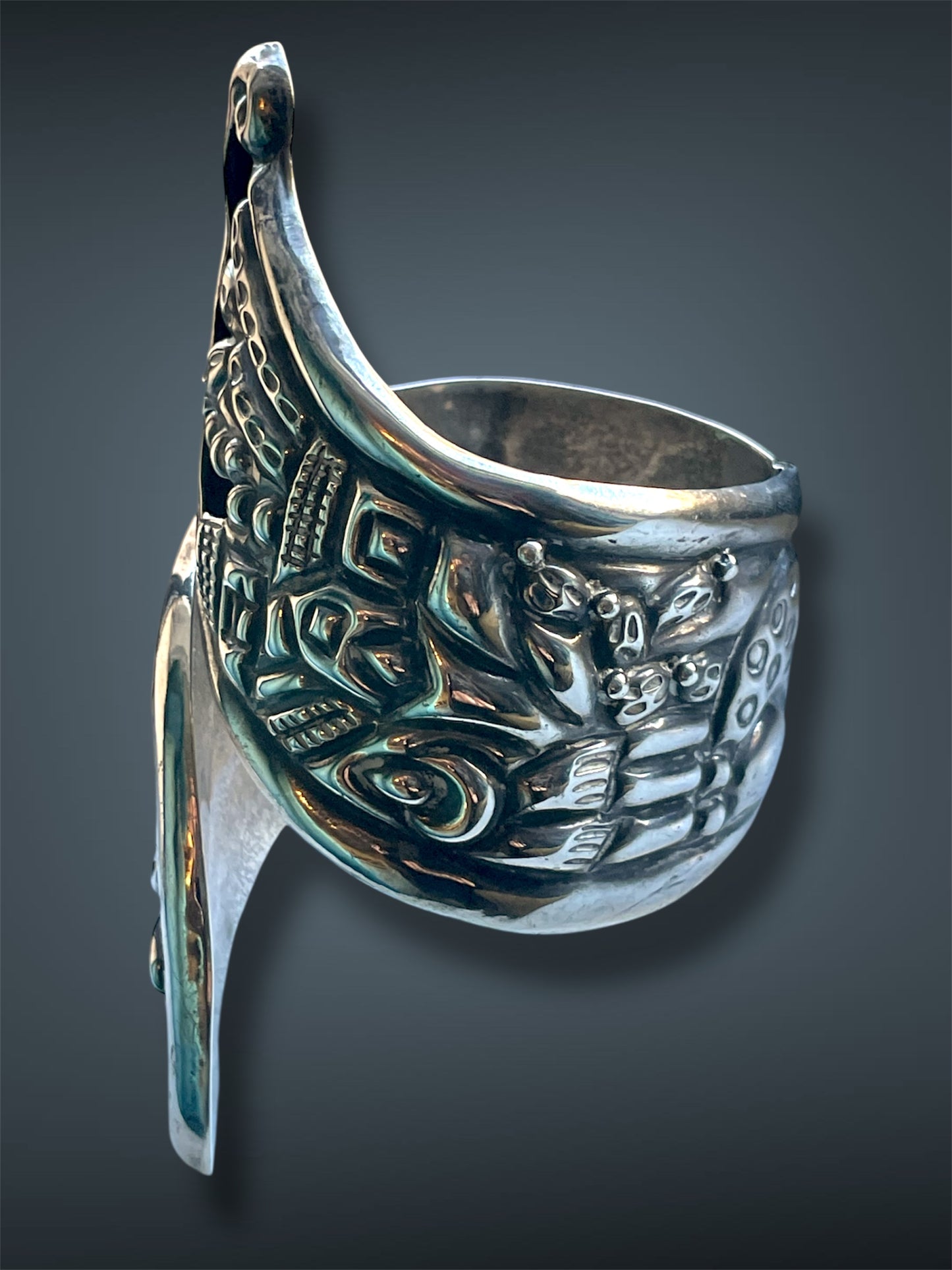 Sterling Silver Repoussé Hollow-work Taxco Mexico Scenic Hinged Clamper Bypass Bracelet