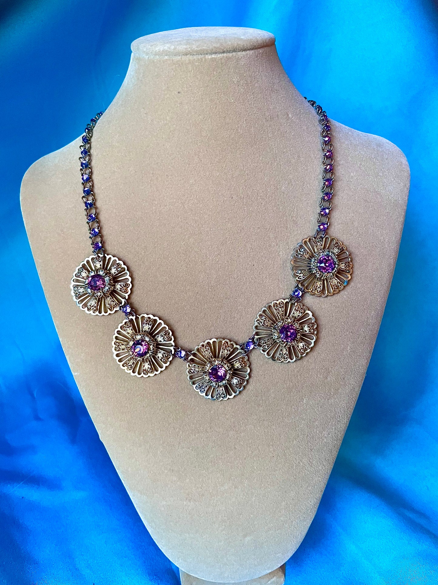 Victorian Book Link Purple Crystal Brass Filigree Choker Necklace