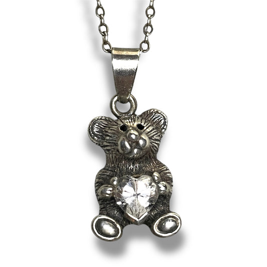 Sterling Silver Teddy Bear Holding Quartz Gemstone Heart Necklace Pendant Charm