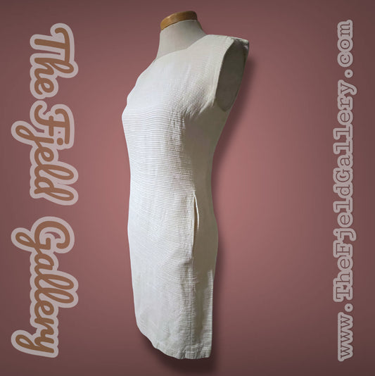 1960’s White Ribbed Texture Square Neck Pockets Sheath Dress