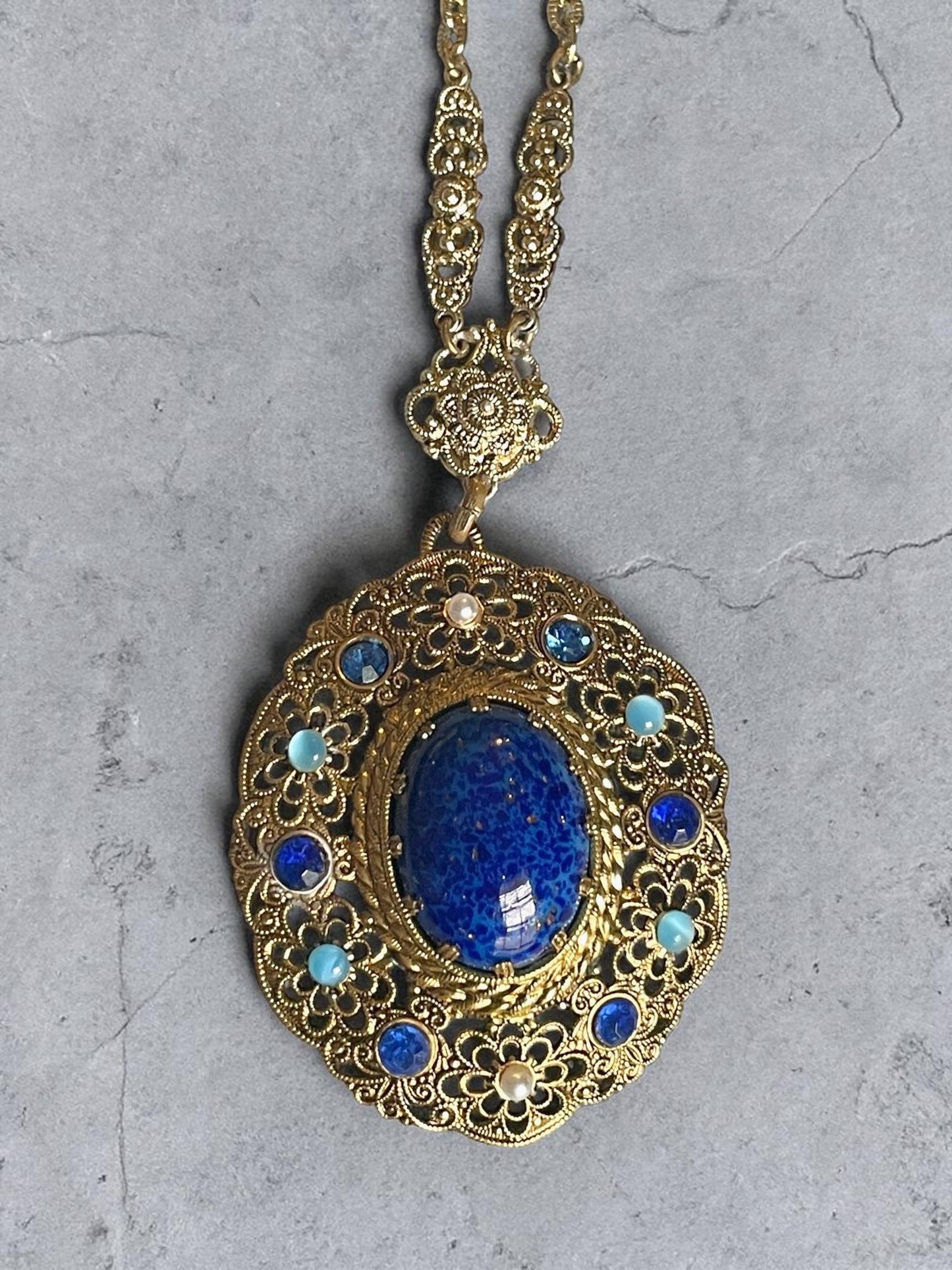 1940’s West German Gilded Brass Filigree Lapis Blue, Cats Eye Art Glass & Pearl Necklace