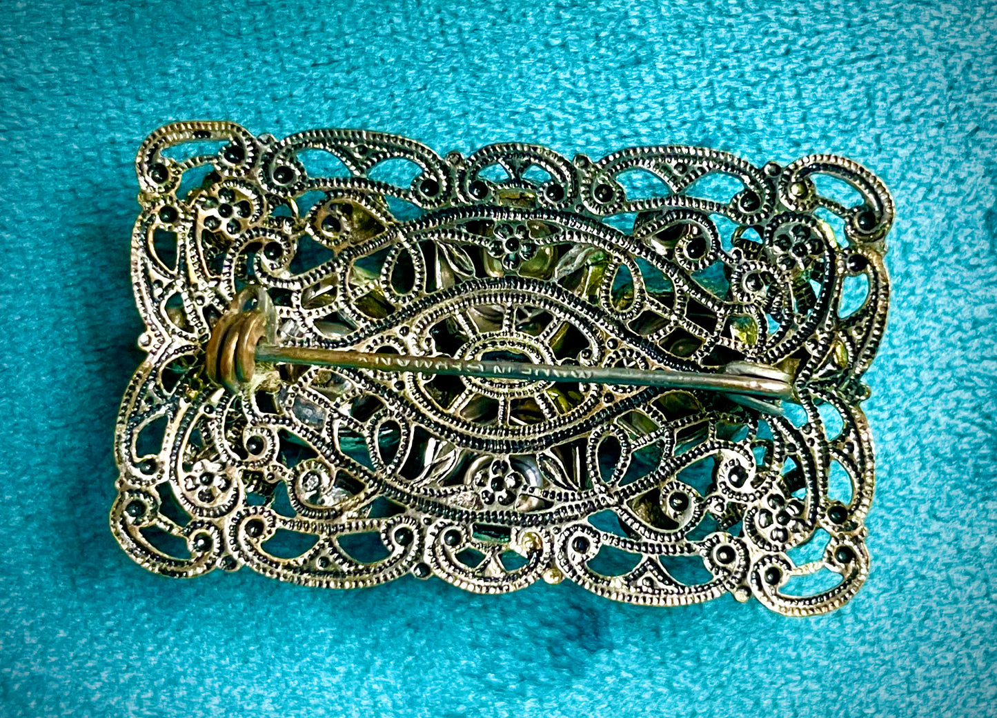 West German Aurora Borealis Crystal Brass Filigree Rose Brooch