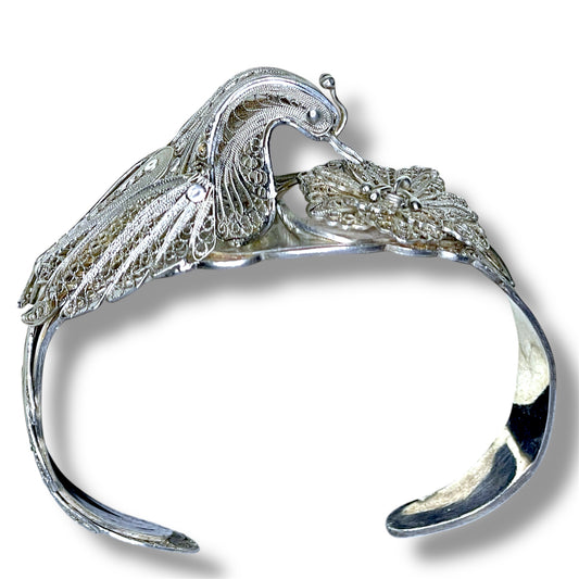 Incredible Sterling Filigree Peacock & Flower 3D Cuff Bracelet