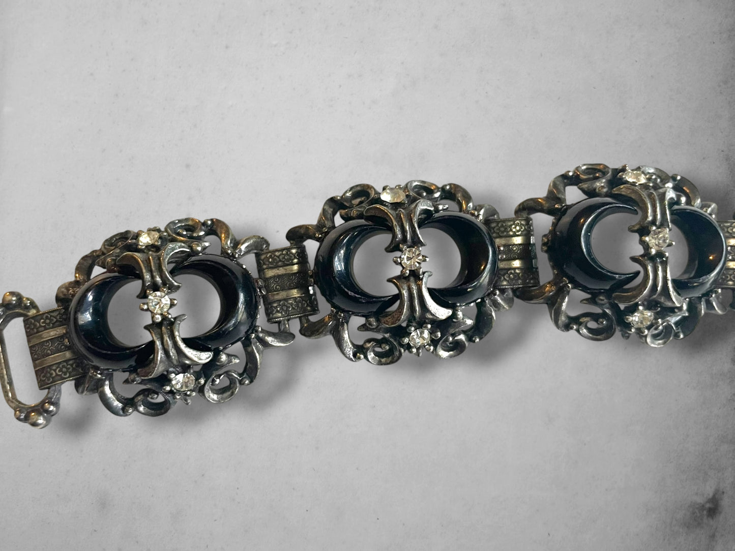 Victorian Booklink Chain Black Crescent Moon Crystal Panel Bracelet