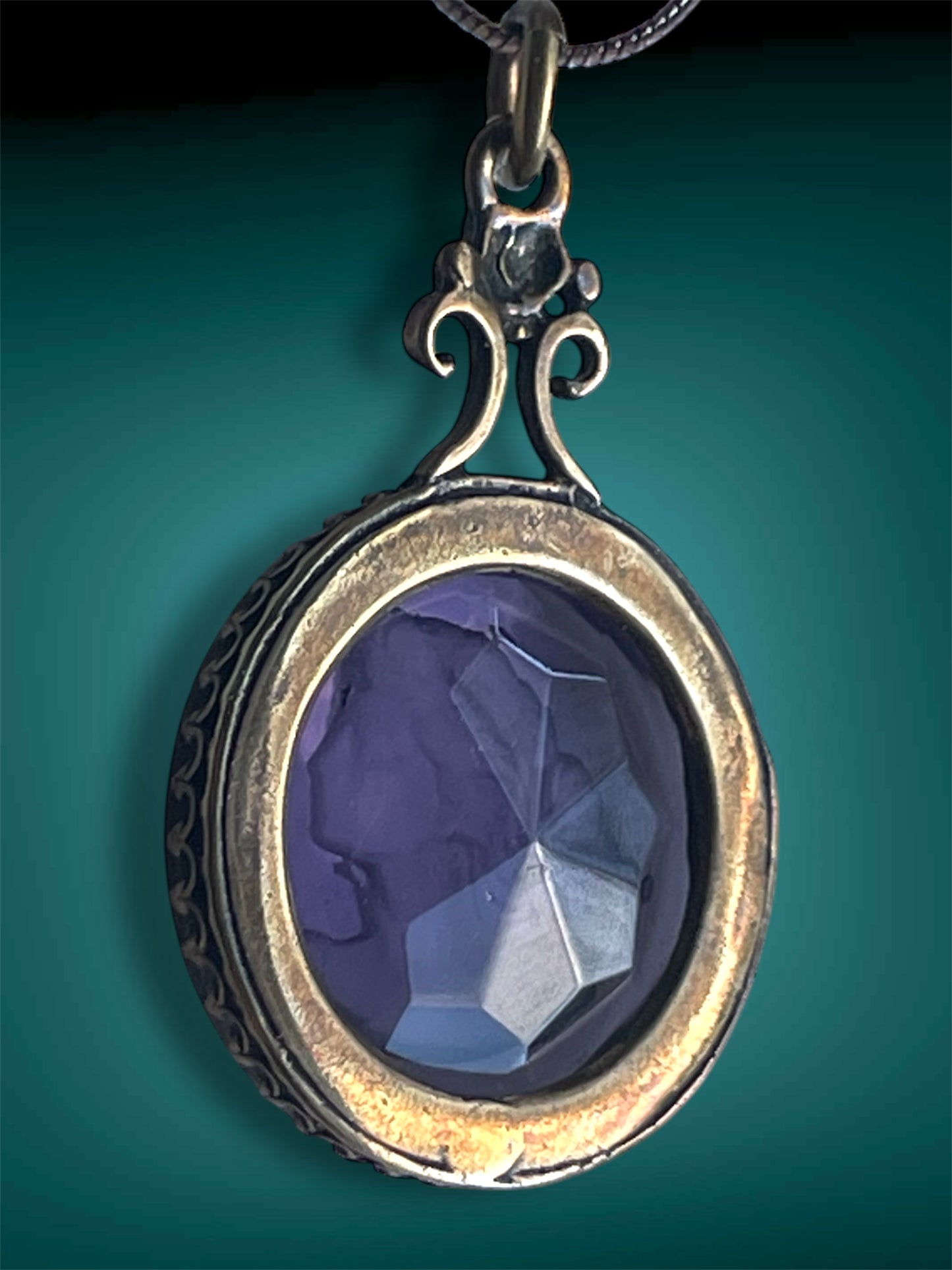 Art Nouveau Brass Scarab Set Purple Faceted Glass Intaglio Cameo Pendant Necklace