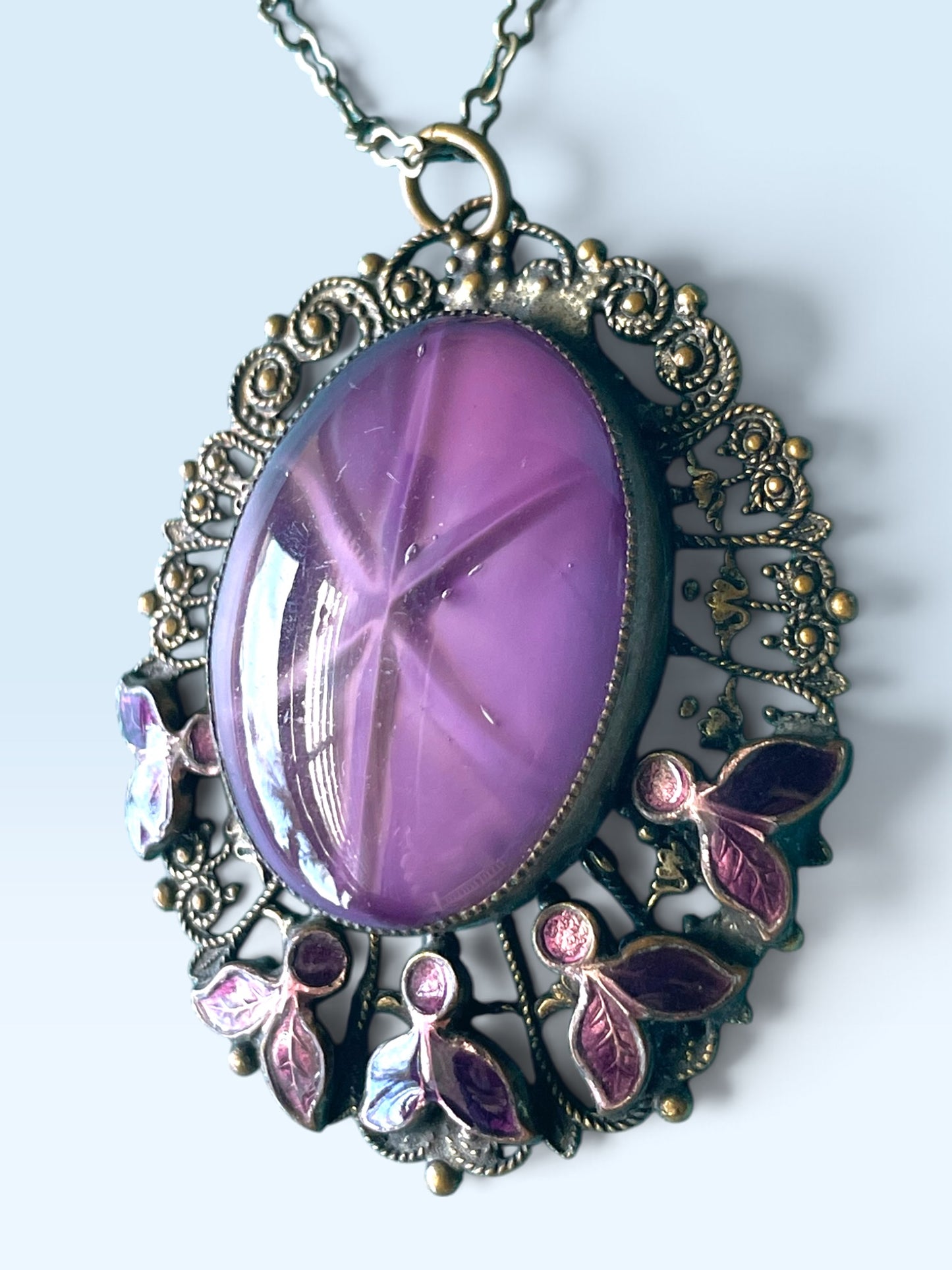 Art Nouveau Nieger Brothers Purple Cat Eye Star Art Glass Enamel Flower Brass Filigree Necklace