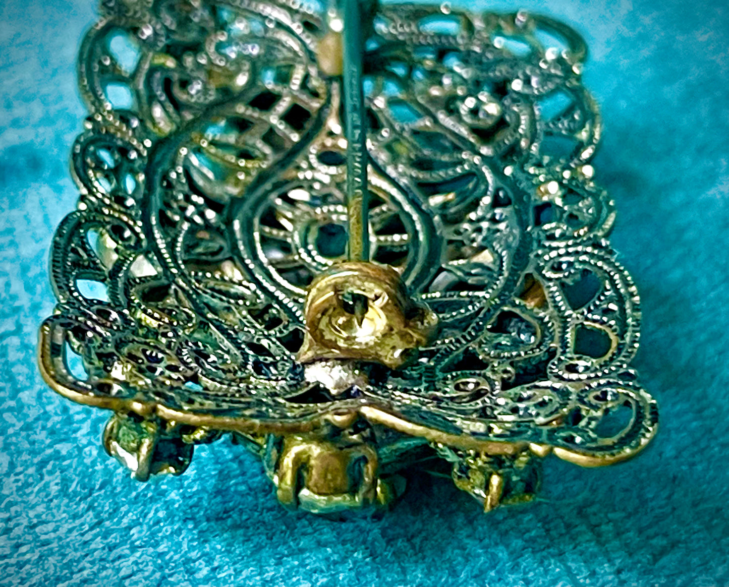 West German Aurora Borealis Crystal Brass Filigree Rose Brooch