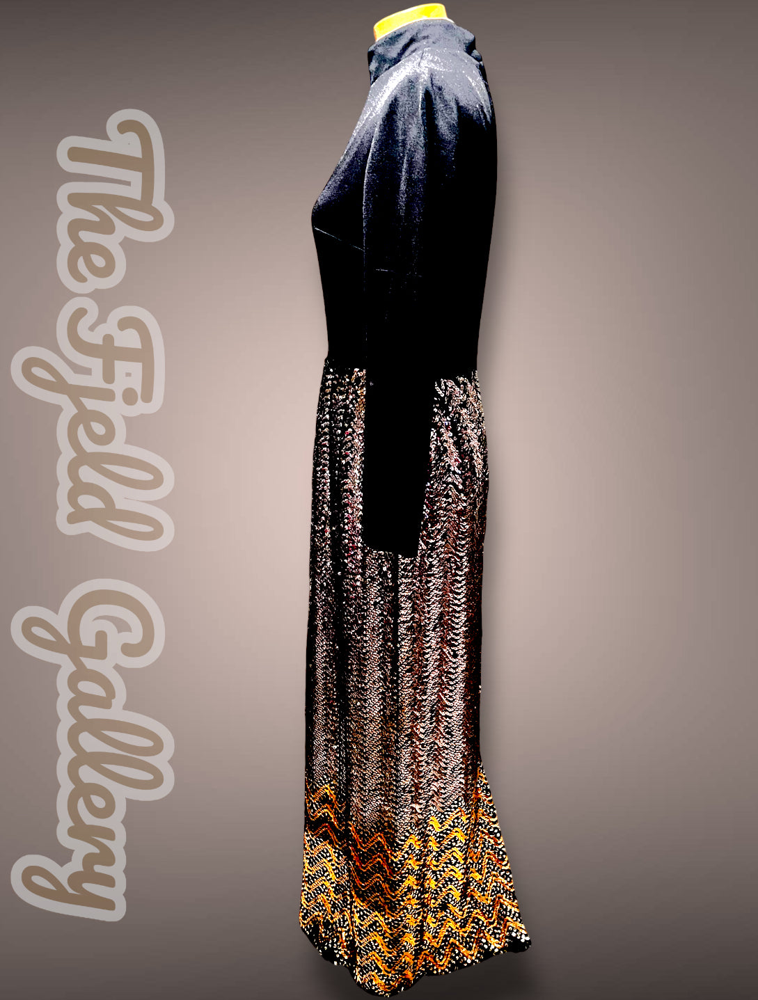 Gorgeous 1960’s Calderón Designer Black Long Sleeve Silver, Gold & Copper Metallic Sequin Maxi Dress