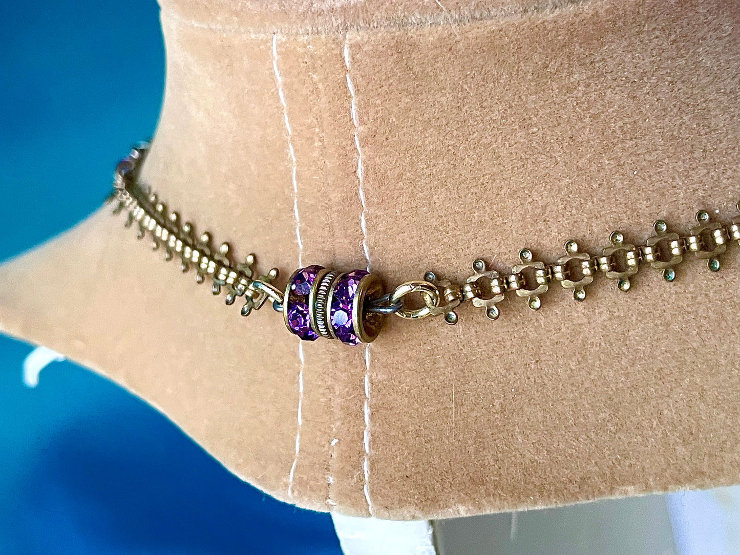 Victorian Book Link Purple Crystal Brass Filigree Choker Necklace