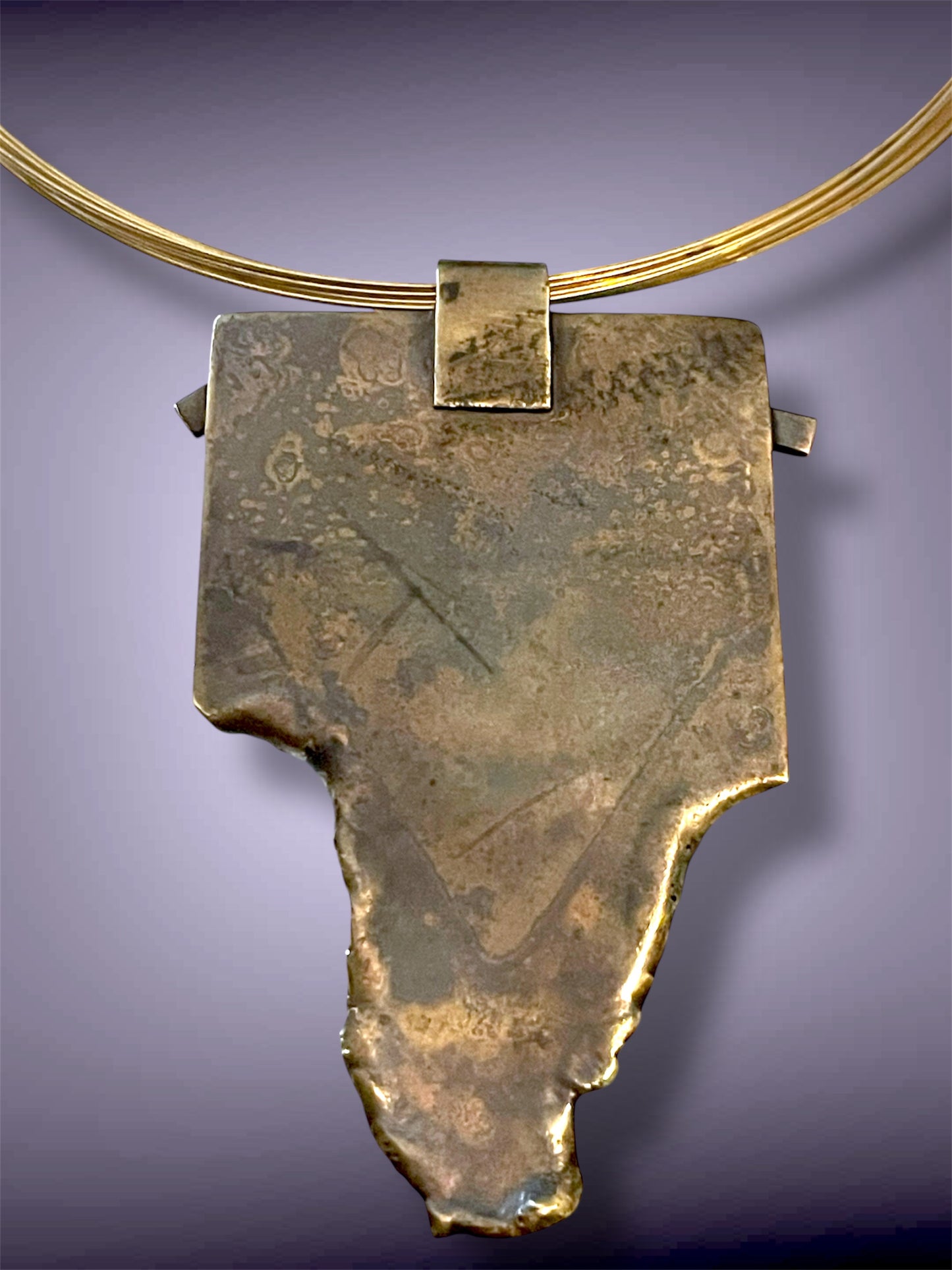 Antique Brass Brutalist Sapphire Blue Foil Art Glass Choker Necklace