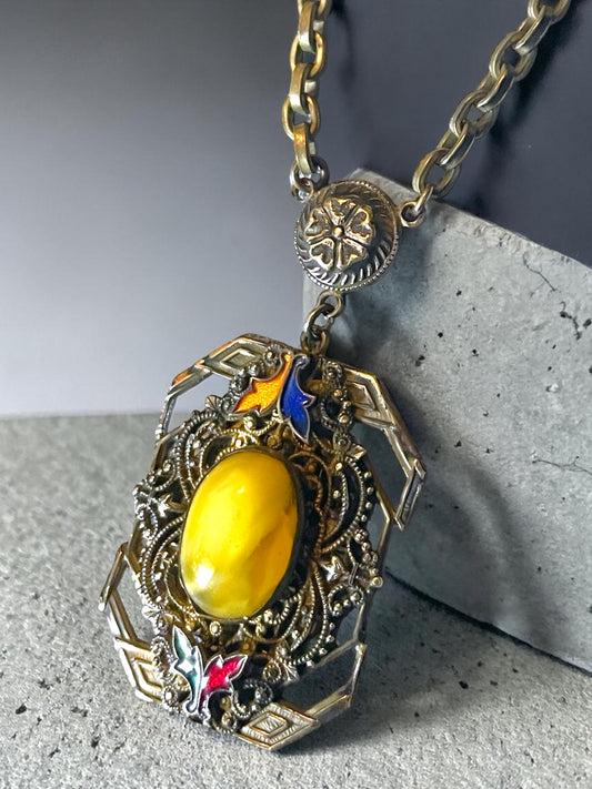Art Nouveau Czech Brass Filigree Yellow Marbled Art Glass & Cloisionné Necklace
