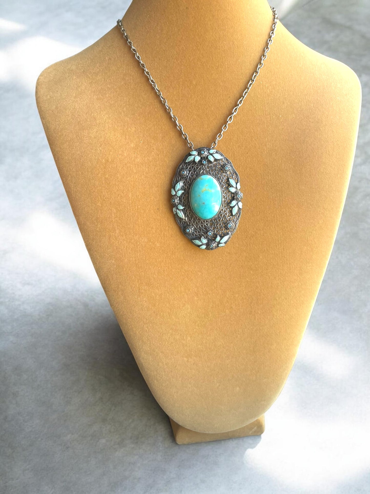 Edwardian Silver Filigree Czechoslovakian Hubble Turquoise Art Glass & Enamel Brooch Pendant Necklace
