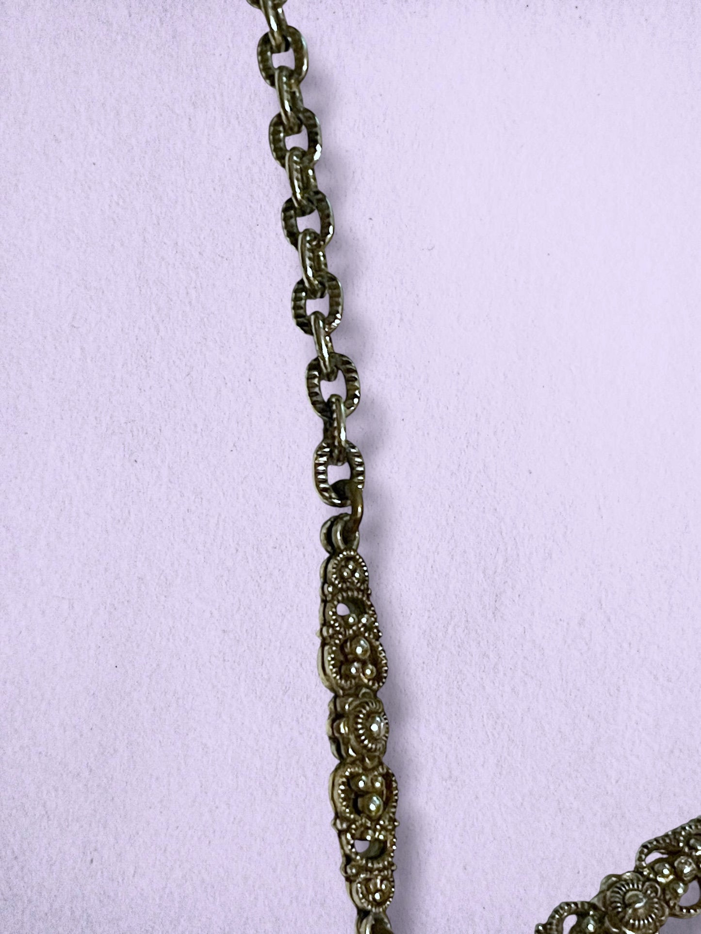 West German Brass Filigree Amber Art Glass Cameo & Pearl Necklace