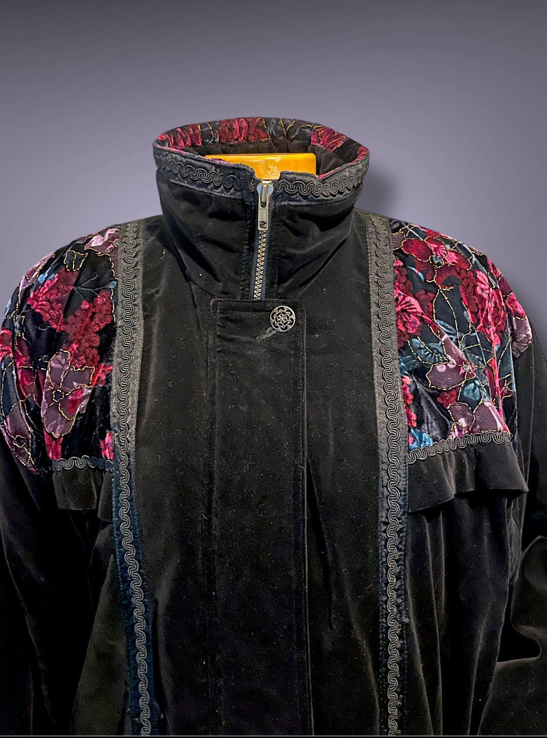 80’s 90’s Black Velvet Puffer Coat w/ Red & Purple Gold Crush Velvet Rose Detail